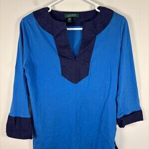 LAUREN RALPH LAUREN VNeck Tunic Women's S Royal Navy 3/4 Sleeve 100% Cotton